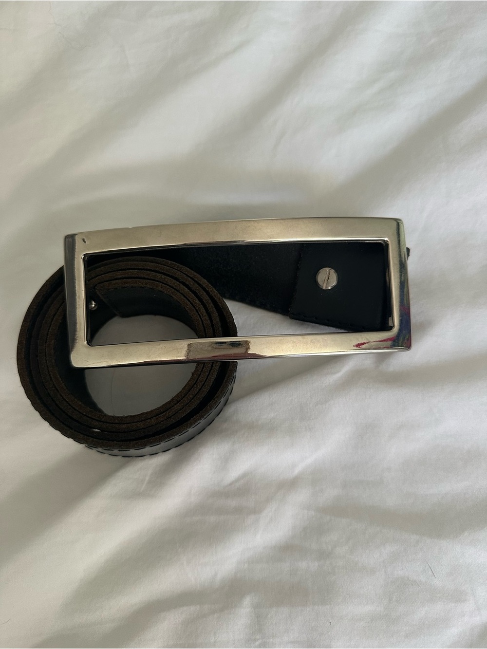 Rectangular Silver Buckle Black real Leather Belt